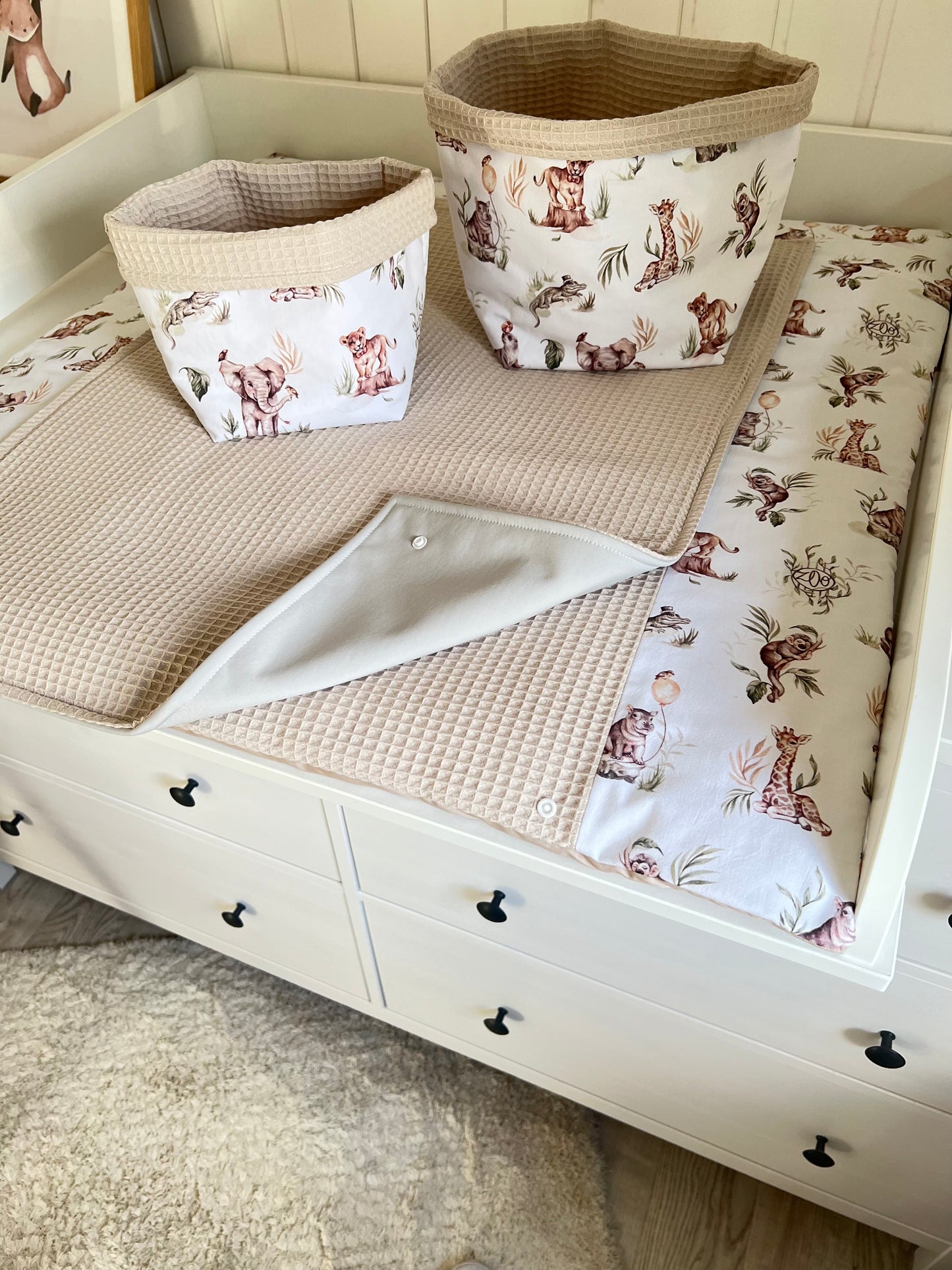 Wickelauflage Set "Zoo+Waffelpique hellbeige“