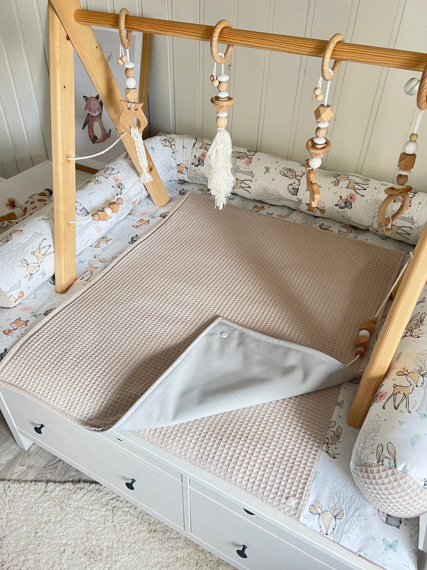 Wickelauflage Set "Baby Waldtiere+Waffelpique hellbeige“