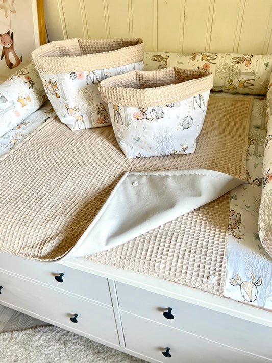 Wickelauflage Set "Baby Waldtiere+Waffelpique hellbeige“
