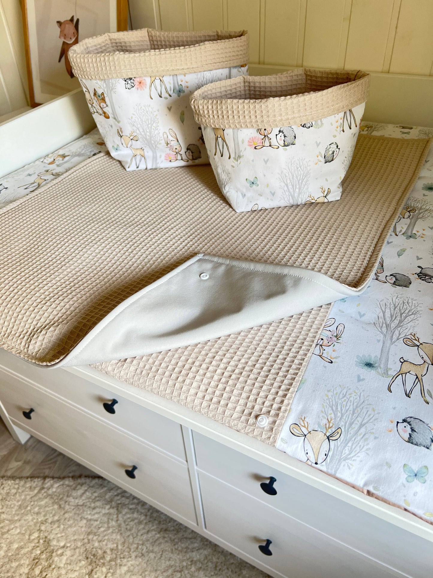 Wickelauflage Set "Baby Waldtiere+Waffelpique hellbeige“