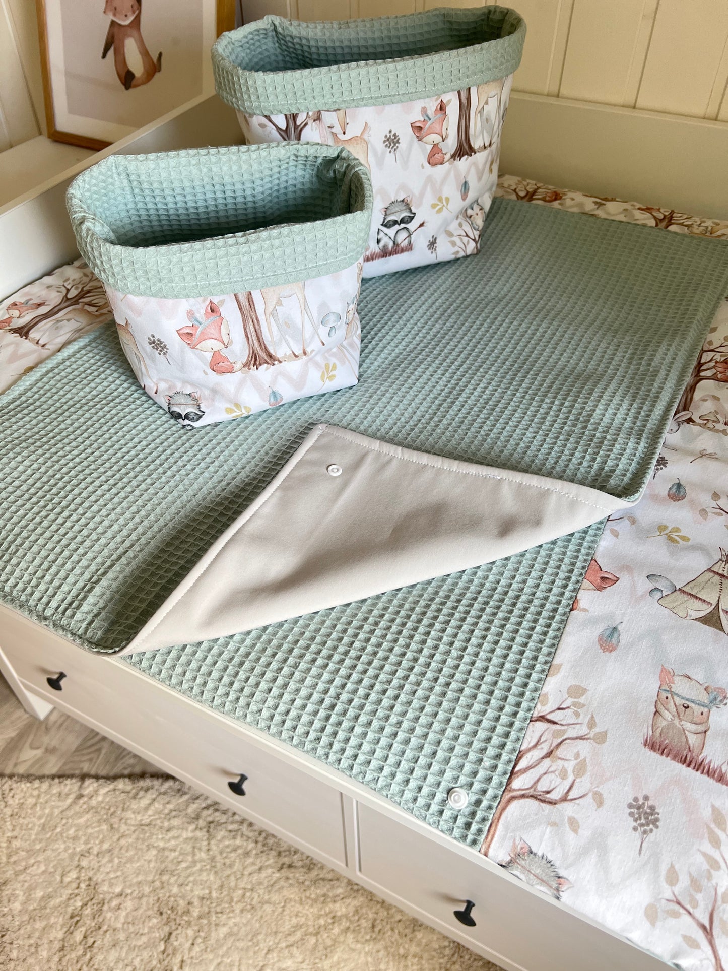 Wickelauflage Set "Waldtiere+Waffelpique hellgrün/mint“