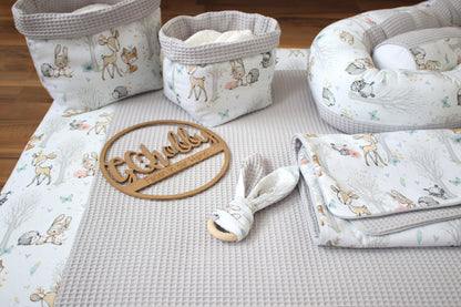 Wickelauflage Set "Baby Waldtiere+Waffelpique hellgrau“