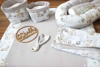 Wickelauflage Set "Baby Waldtiere+Waffelpique hellgrau“