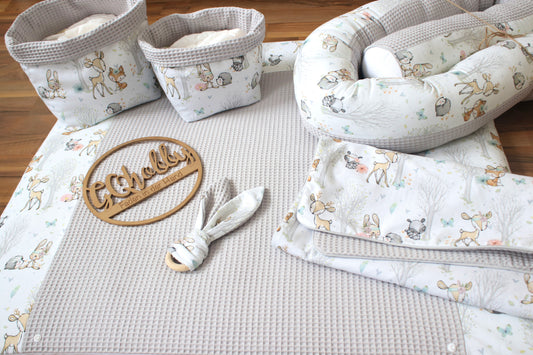 Wickelauflage Set "Baby Waldtiere+Waffelpique hellgrau“