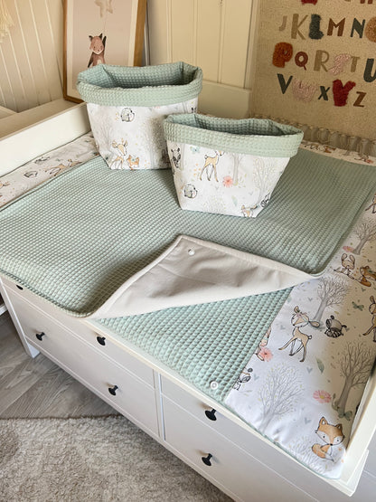 Wickelauflage Set "Baby Waldtiere+Waffelpique hellgrün/mint“