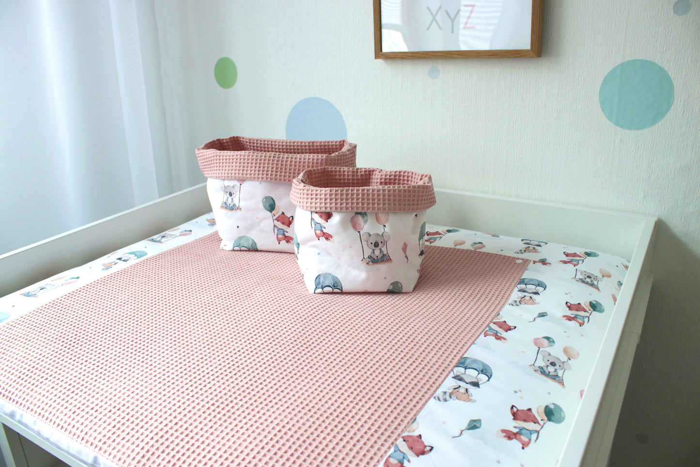 Wickelauflage Set „Tiere mit Luftballons+Waffelpique rosa/nude“