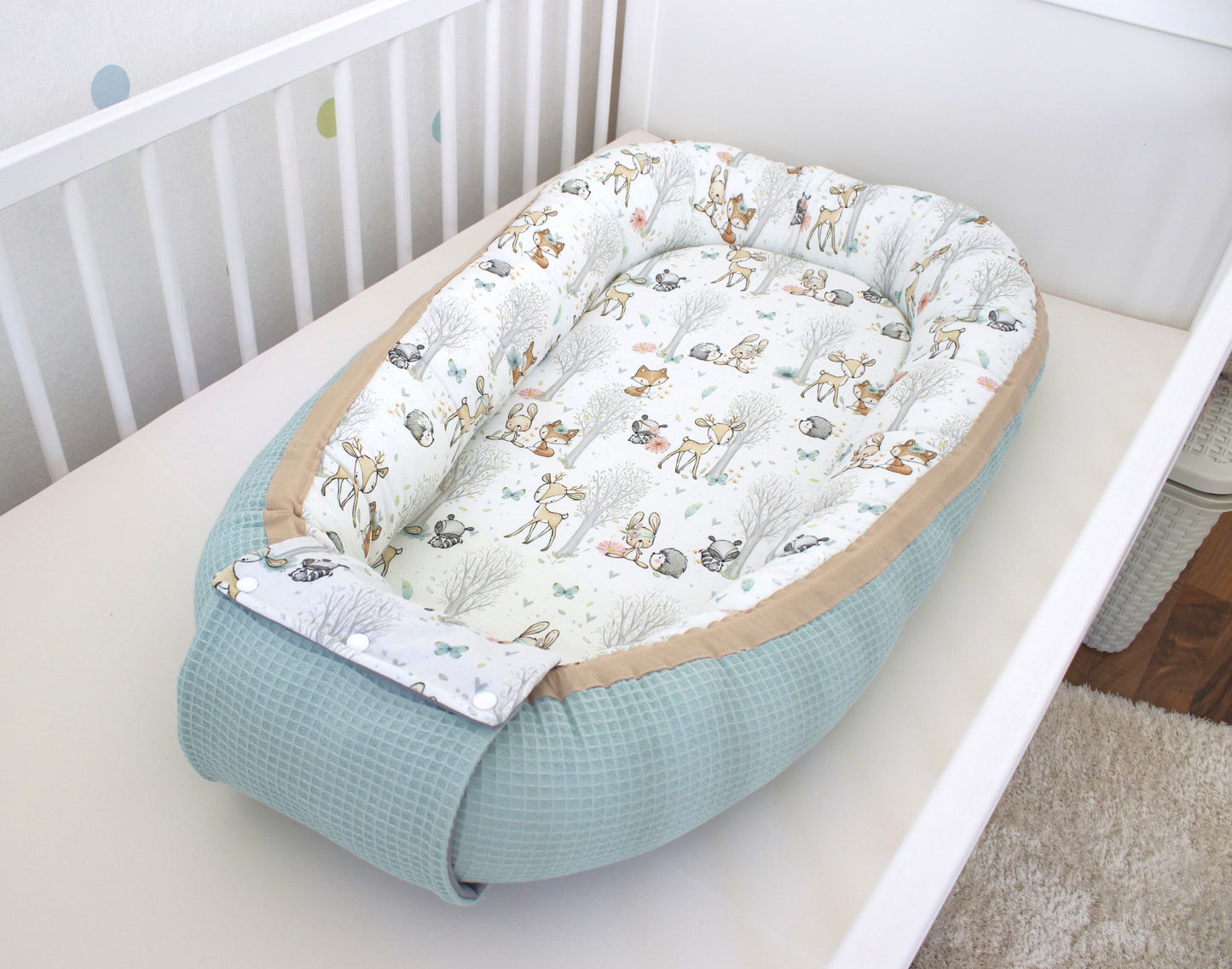 Wickelauflage Set "Baby Waldtiere+Waffelpique hellgrün/mint“