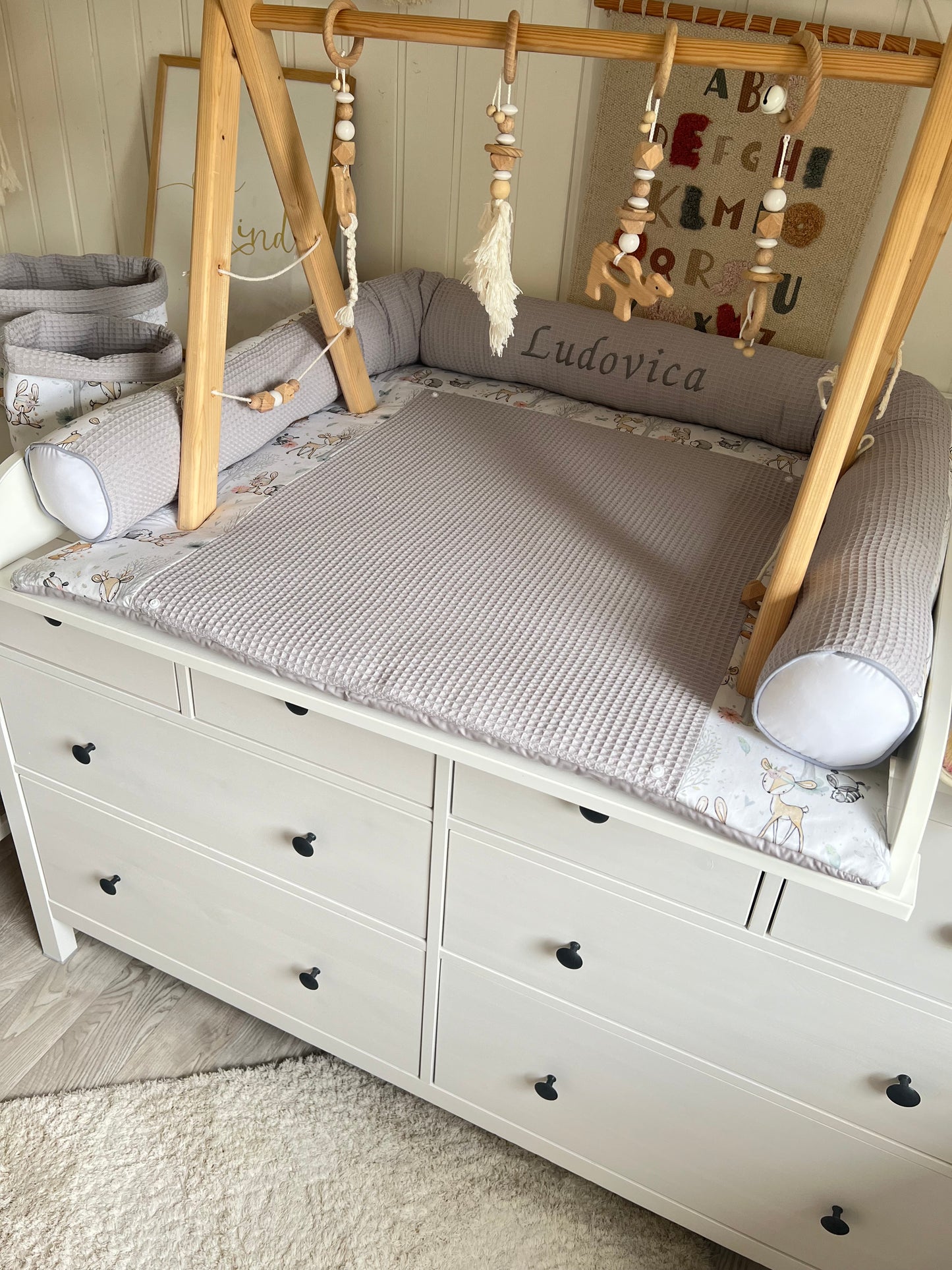 Wickelauflage Set "Baby Waldtiere+Waffelpique hellgrau“