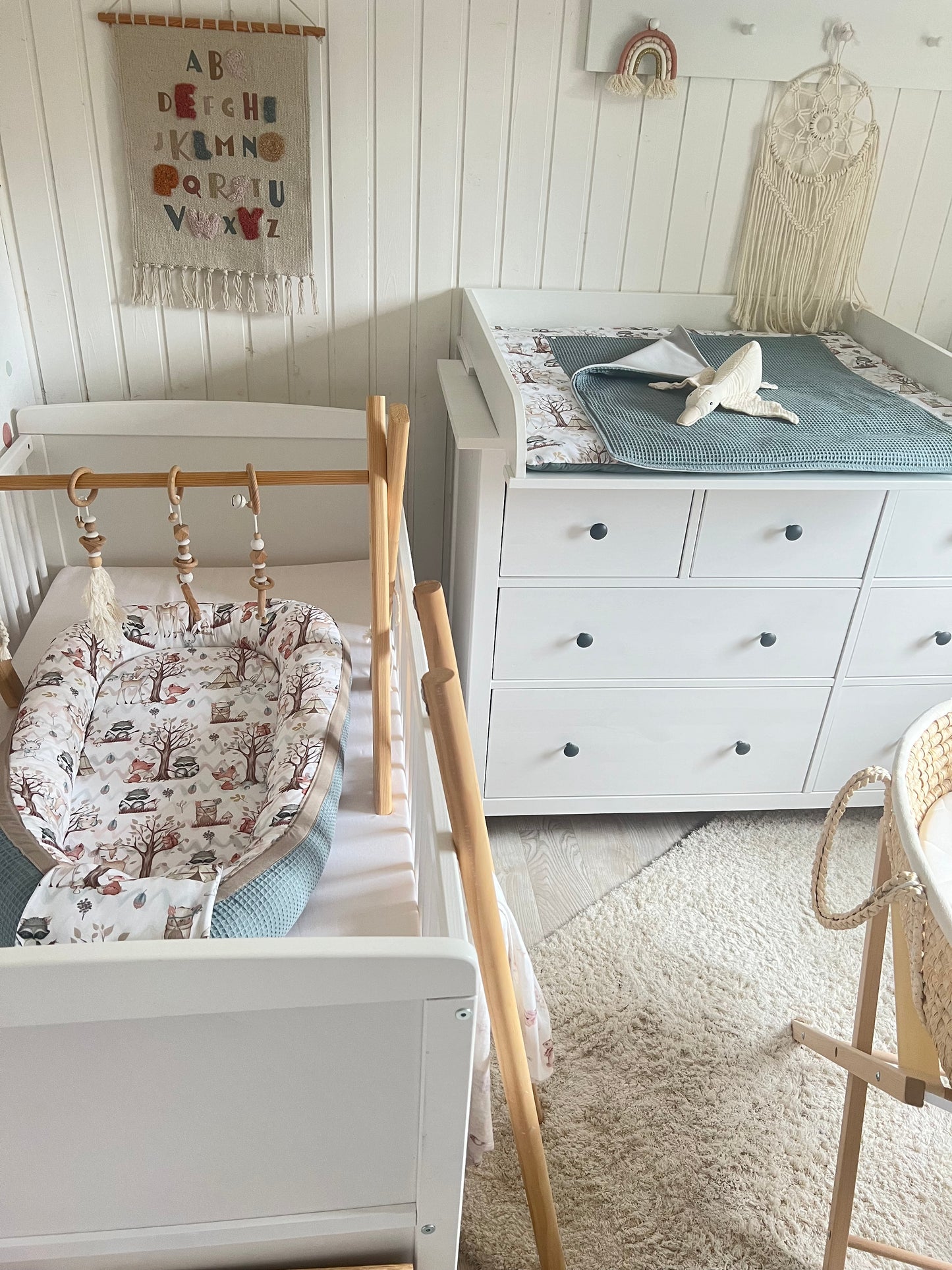 Wickelauflage Set "Waldtiere+Waffelpique altgrün“