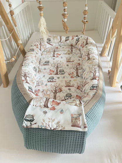 Wickelauflage Set "Waldtiere+Waffelpique altgrün“