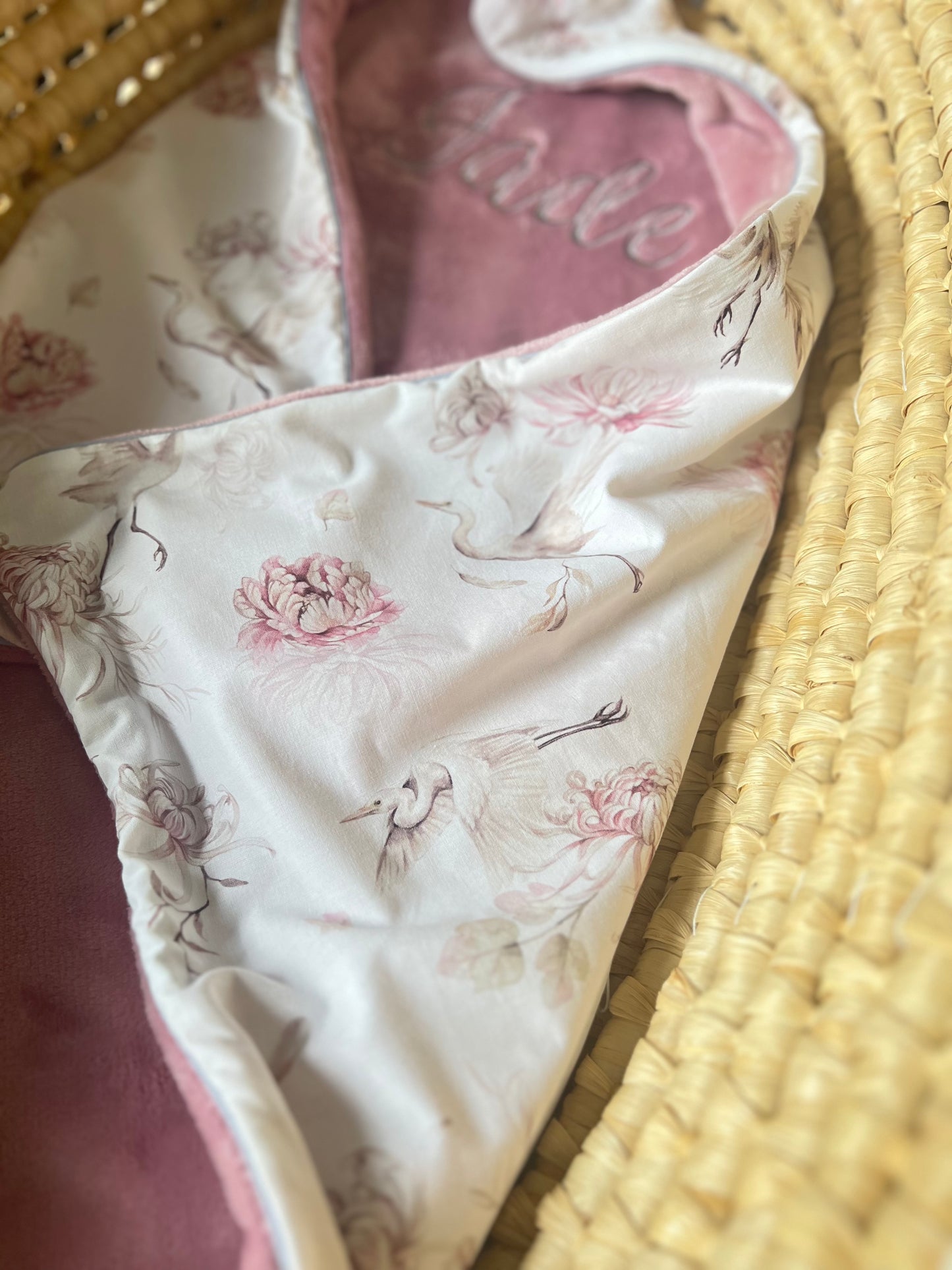 Kuscheldecke altrosa „Störche“ (einen Namen sticken ist gratis!)