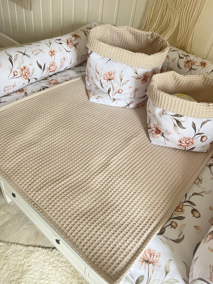 Wickelauflage Set „Hase, Blumen+Waffelpique hellbeige“