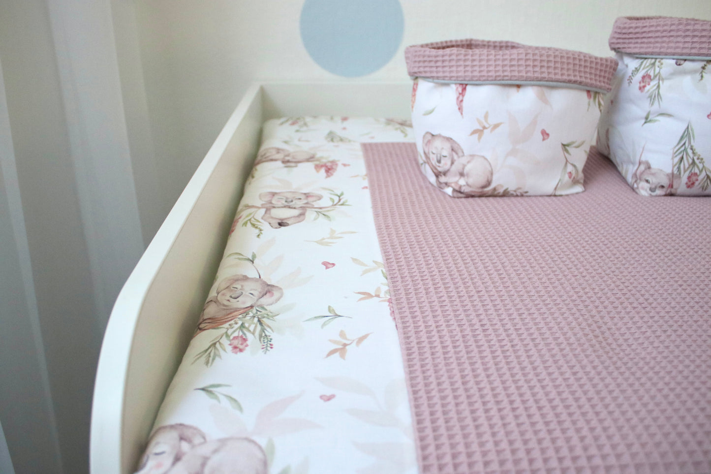 Wickelauflage Set „Füchse auf Regenbogen+Waffelpique altrosa“