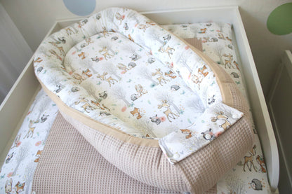 Wickelauflage Set "Baby Waldtiere+Waffelpique hellbeige“