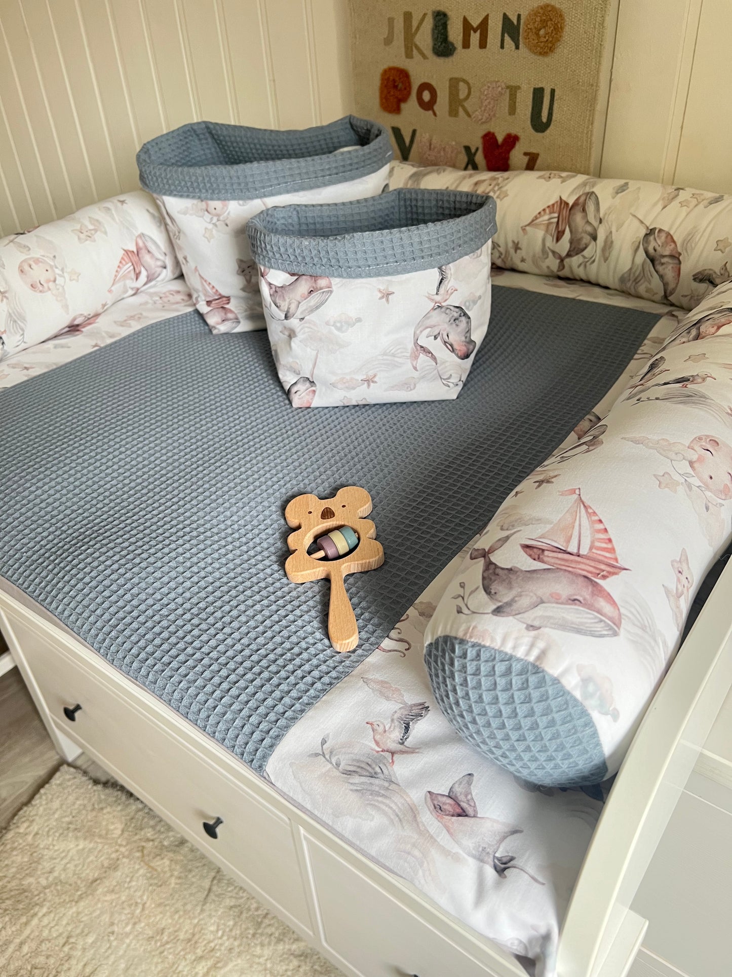 Wickelauflage Set "Lustiger Wal+Waffelpique light jeans“