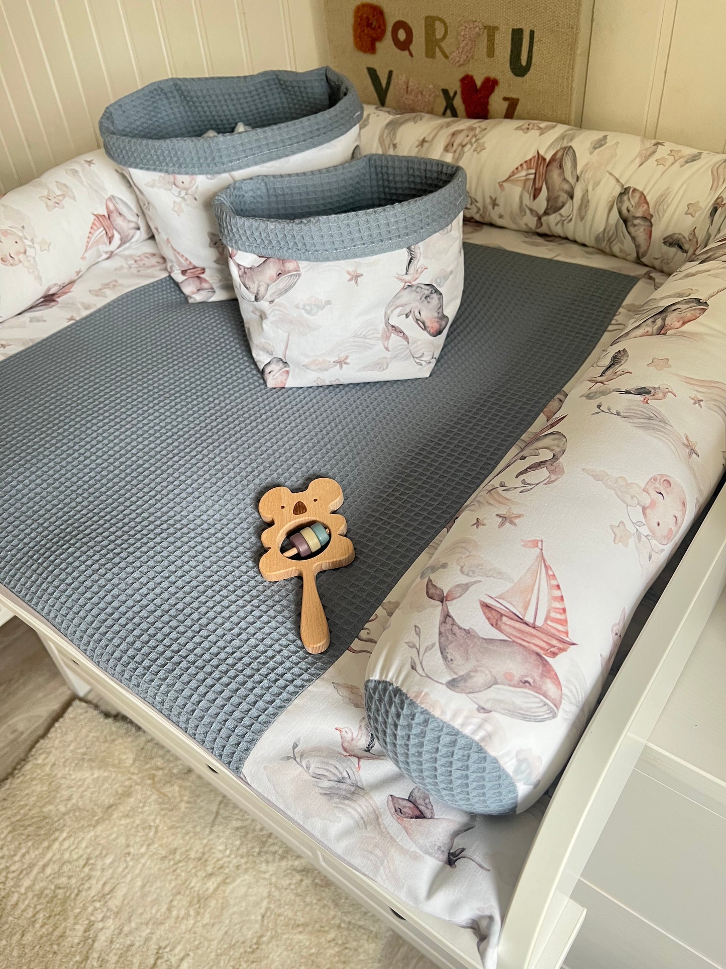 Wickelauflage Set "Lustiger Wal+Waffelpique light jeans“