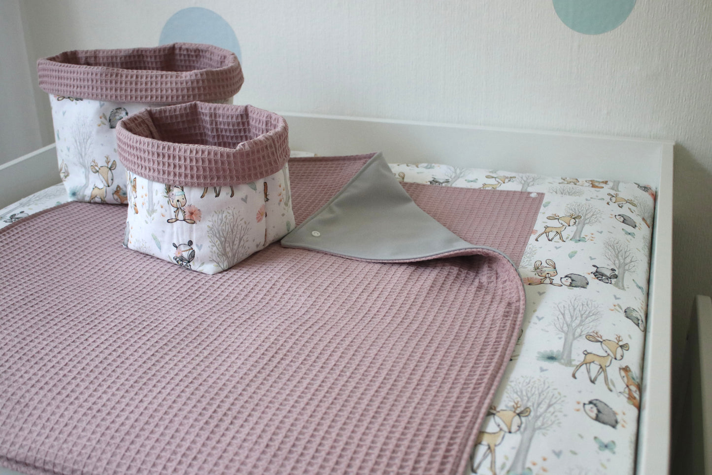 Wickelauflage Set „Baby Waldtiere+Waffelpique altrosa“