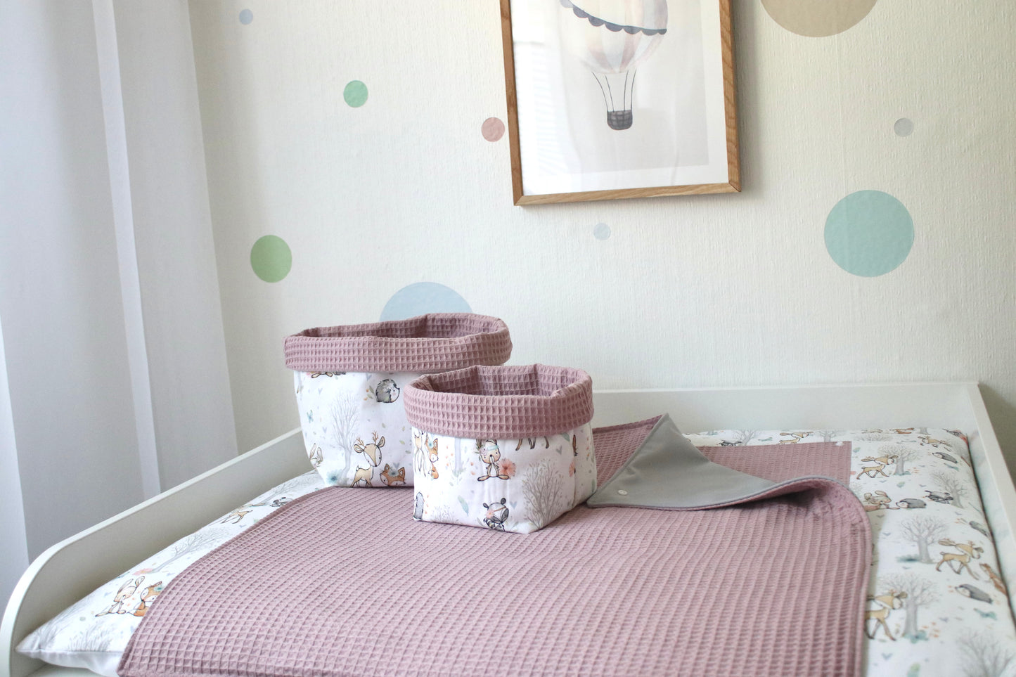 Wickelauflage Set „Baby Waldtiere+Waffelpique altrosa“