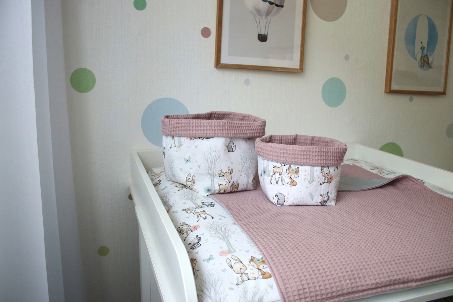 Wickelauflage Set „Baby Waldtiere+Waffelpique altrosa“