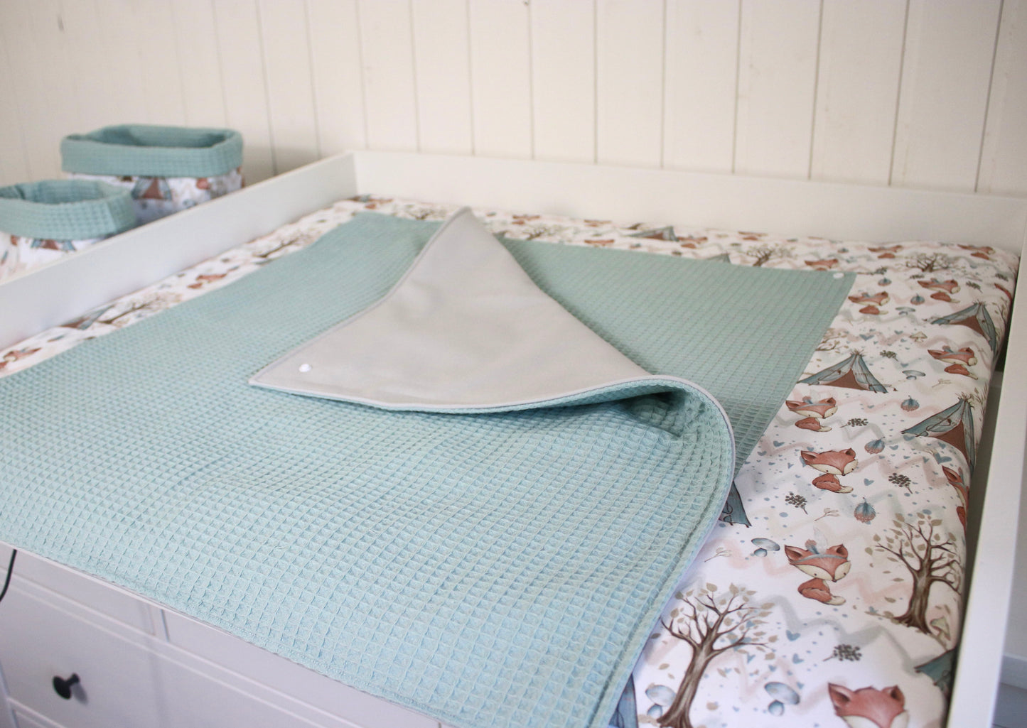 Wickelauflage Set „Füchse+Waffelpique hellgrün/mint“
