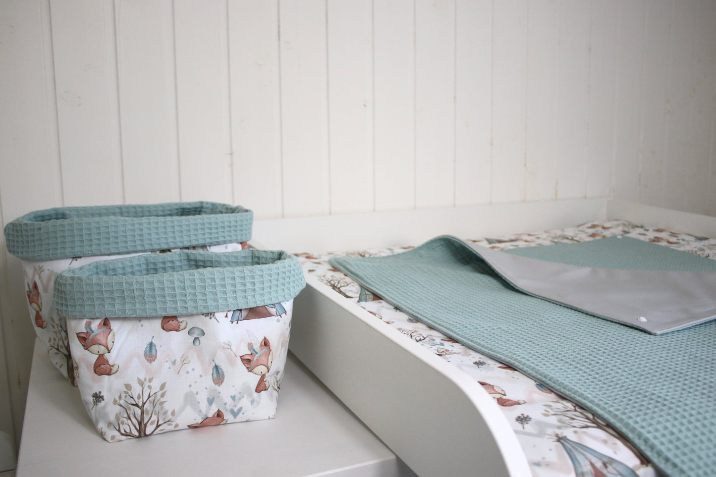 Wickelauflage Set „Füchse+Waffelpique hellgrün/mint“