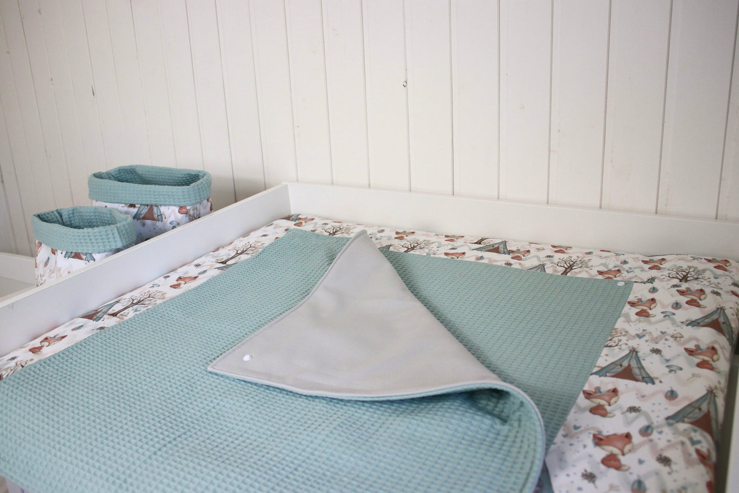 Wickelauflage Set „Füchse+Waffelpique hellgrün/mint“