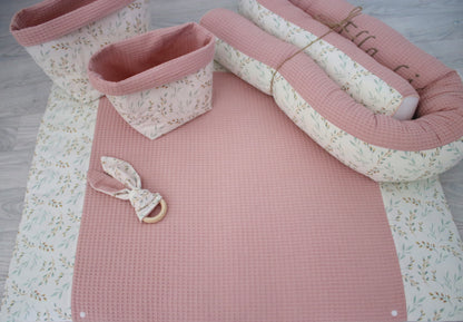 Wickelauflage Set „Pflanzen, weidenkätzchen+Waffelpique rosa/nude“