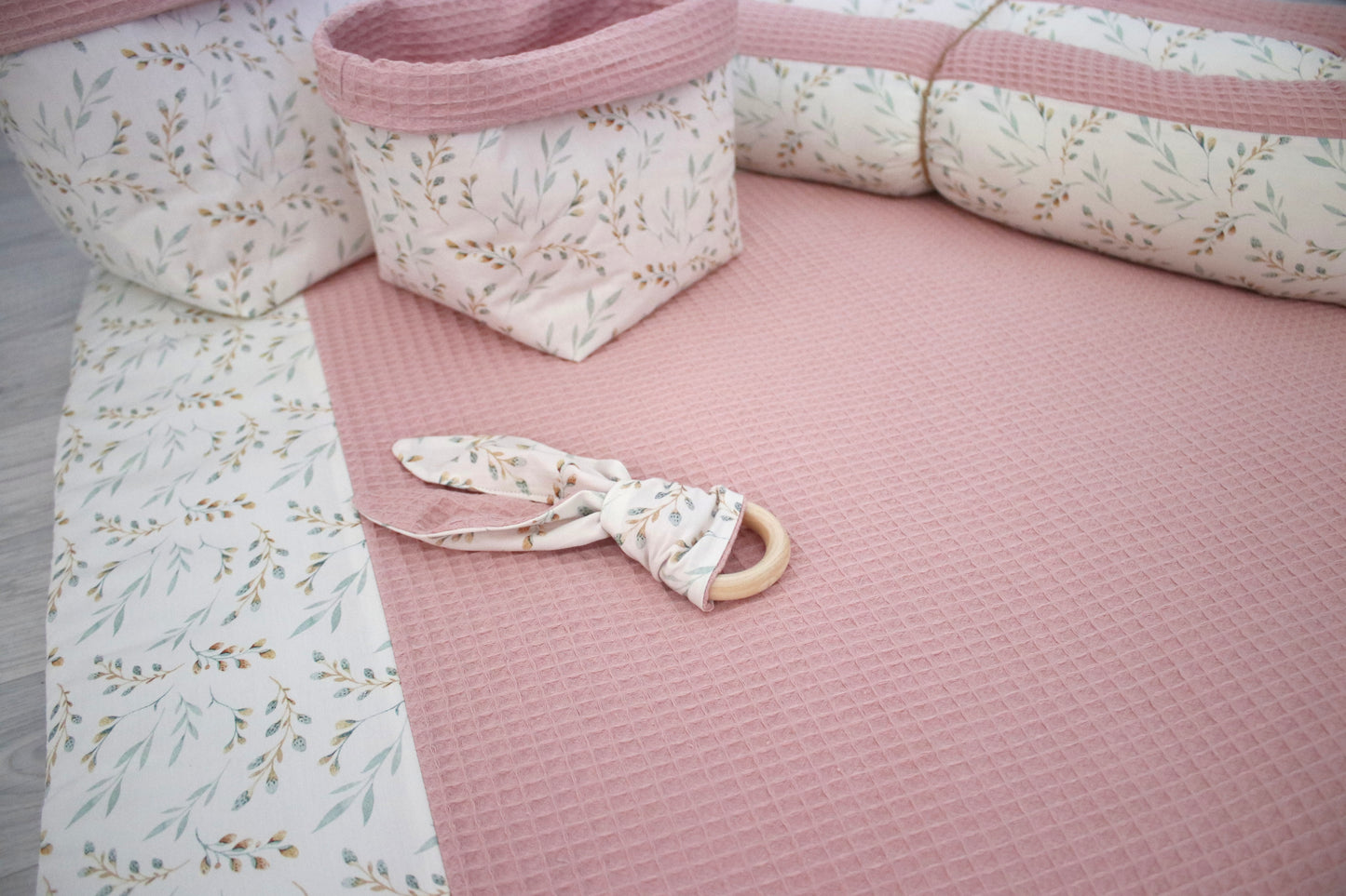 Wickelauflage Set „Pflanzen, weidenkätzchen+Waffelpique rosa/nude“