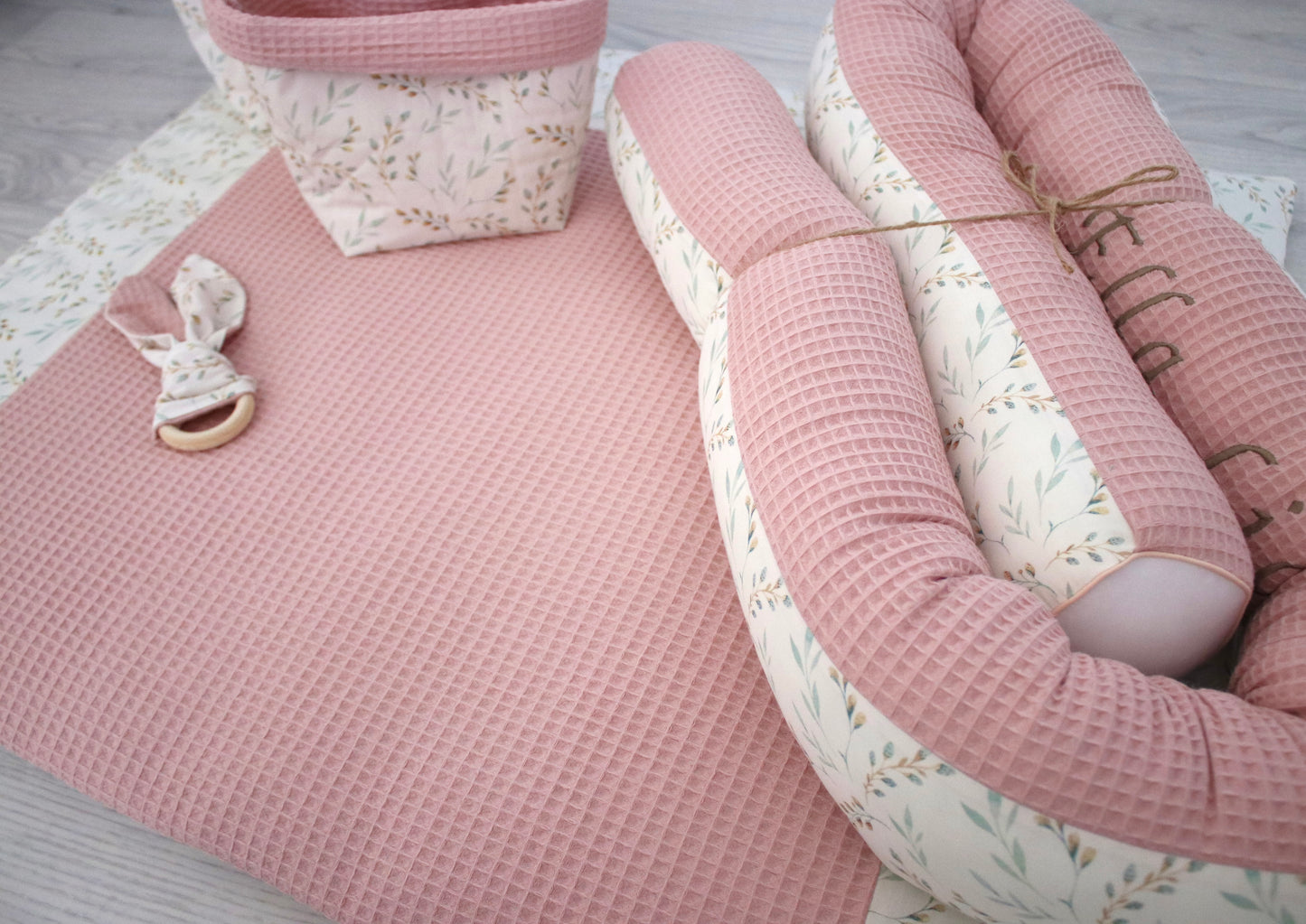 Wickelauflage Set „Pflanzen, weidenkätzchen+Waffelpique rosa/nude“