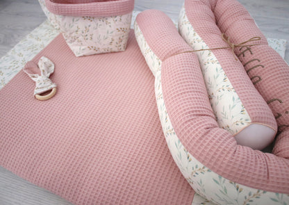 Wickelauflage Set „Pflanzen, weidenkätzchen+Waffelpique rosa/nude“