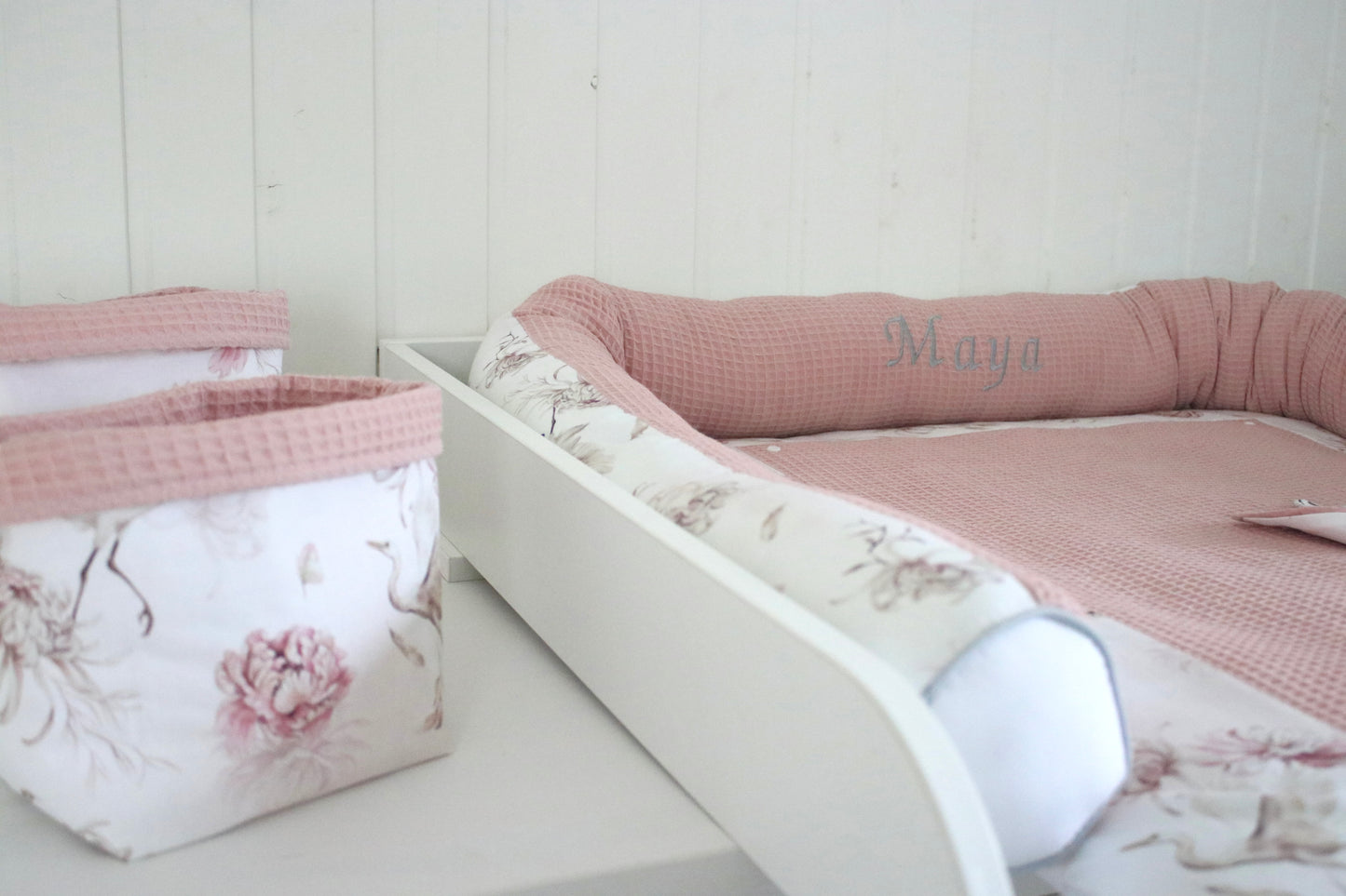 Wickelauflage Set "Störche+Waffelpique rosa/nude“