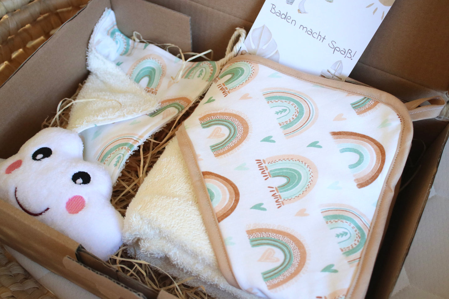 Geschenk Box "Kapuzenhandtuch Regenbogen“