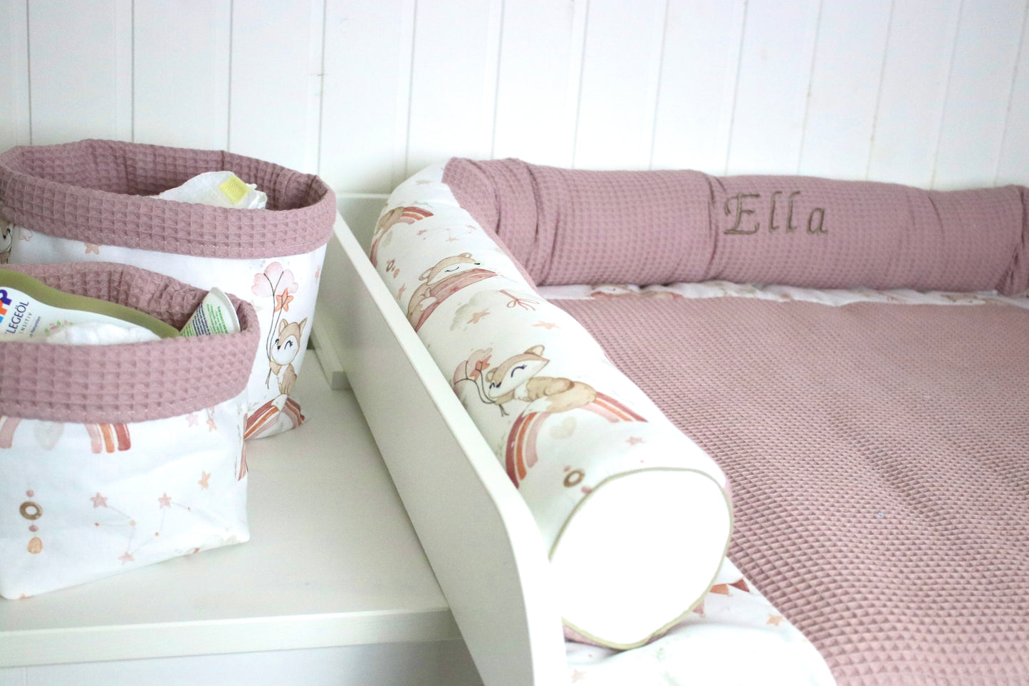 Wickelauflage Set „Füchse auf Regenbogen+Waffelpique altrosa“