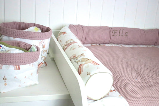 Wickelauflage Set „Füchse auf Regenbogen+Waffelpique altrosa“