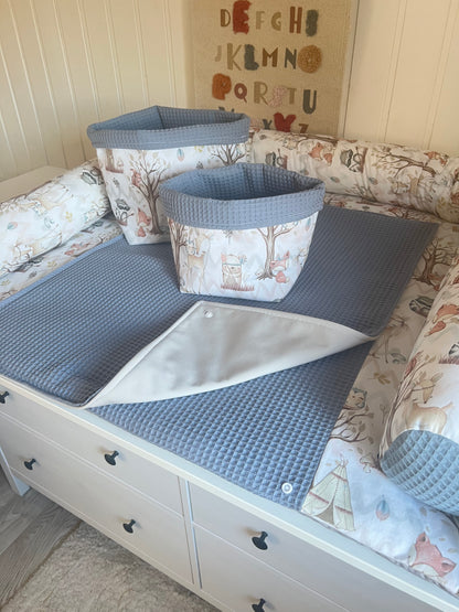 Wickelauflage Set "Waldtiere+Waffelpique light jeans“