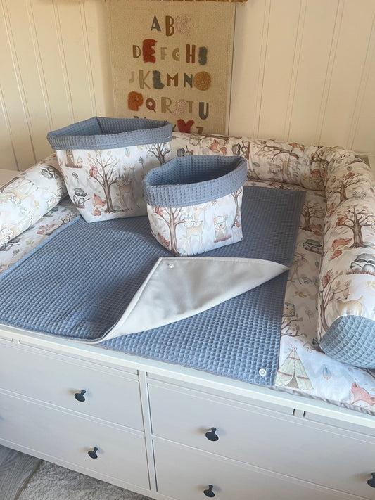 Wickelauflage Set "Waldtiere+Waffelpique light jeans“