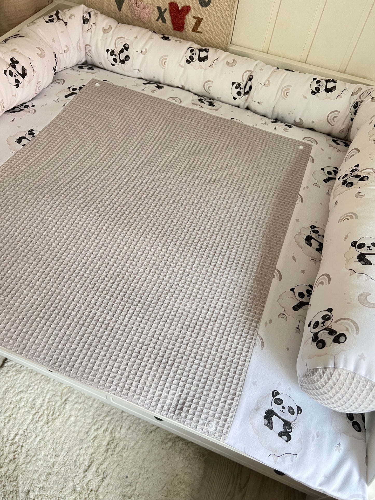 Wickelauflage Set "Panda+Waffelpique hellgrau“