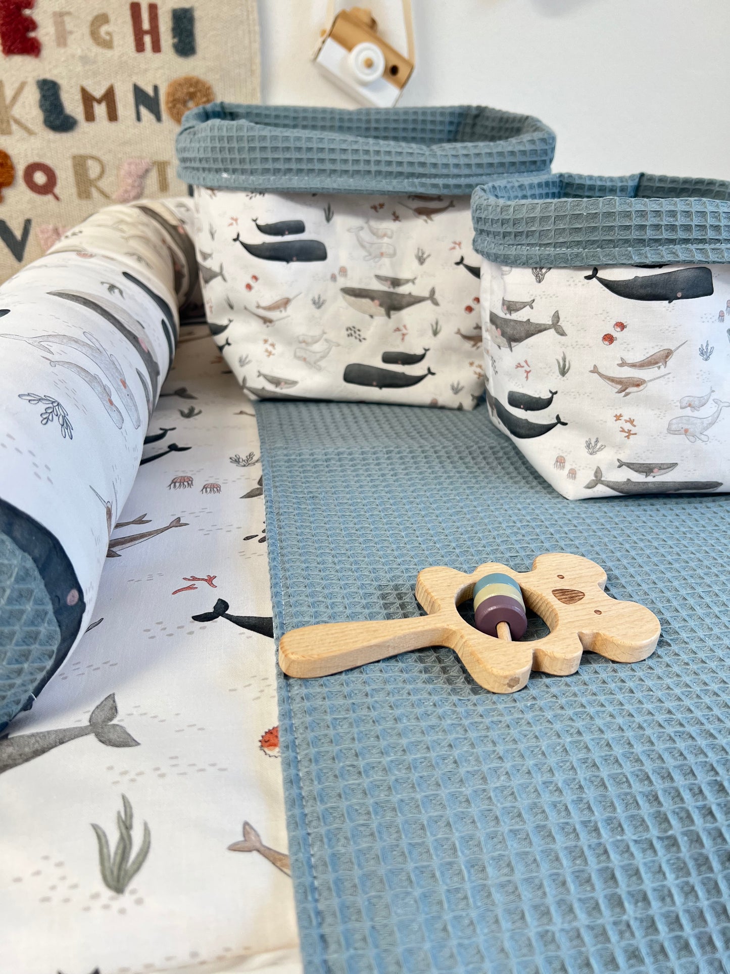 Wickelauflage Set „Wal, Ozean+Waffelpique altgrün“