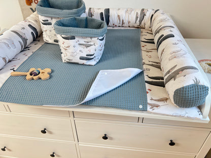 Wickelauflage Set „Wal, Ozean+Waffelpique altgrün“