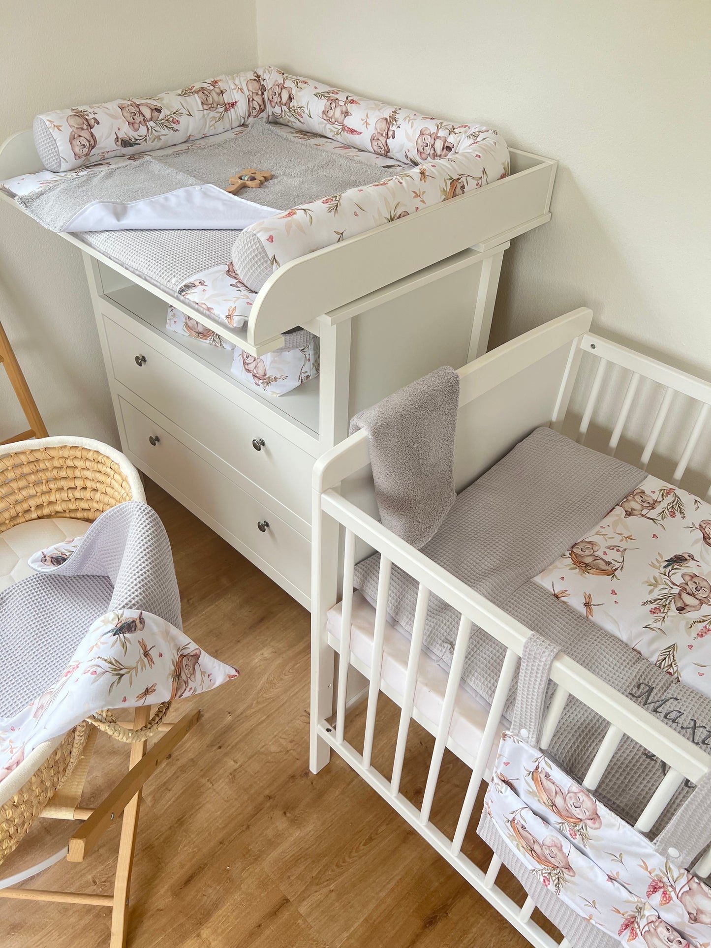 Wickelauflage Set „Koalas+Waffelpique hellgrau“