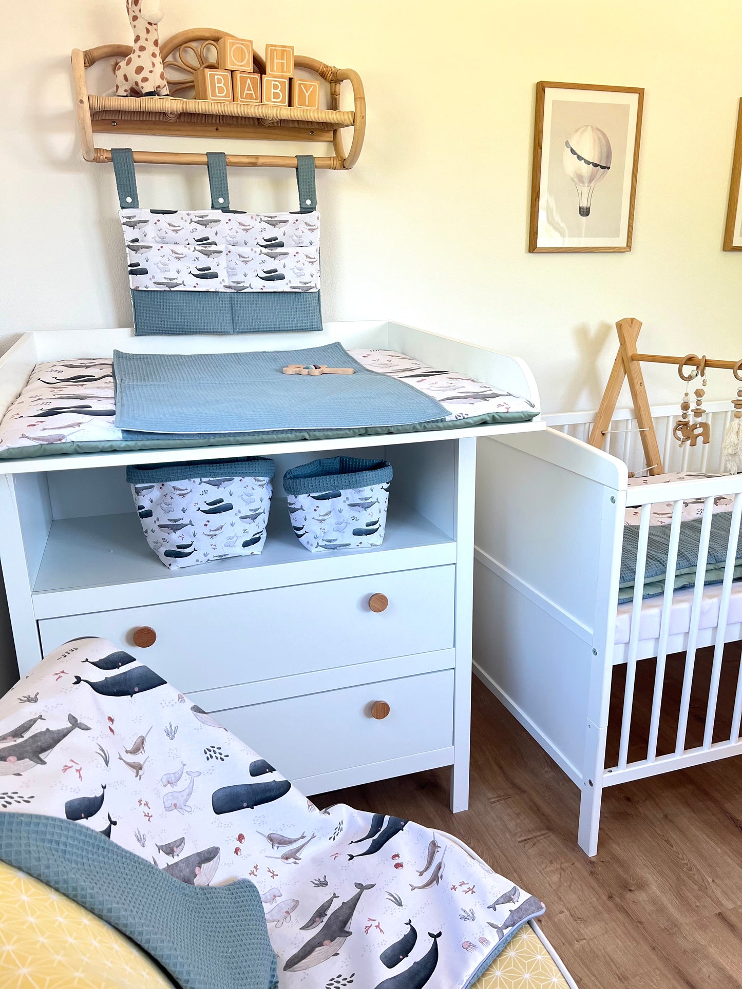 Wickelauflage Set „Wal, Ozean+Waffelpique altgrün“