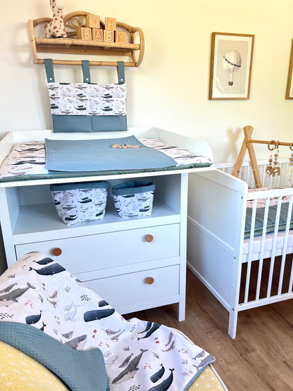 Wickelauflage Set „Wal, Ozean+Waffelpique altgrün“