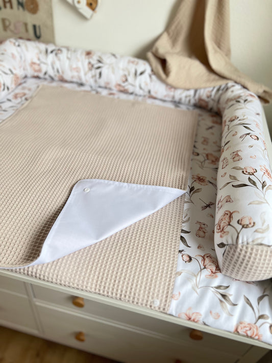 Wickelauflage Set „Hase, Blumen+Waffelpique hellbeige“
