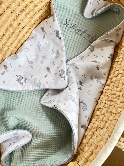 Babydecke "Meerestiere+Waffelpique hellgrün/mint" (einen Namen sticken ist gratis!)