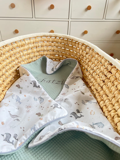 Babydecke "Meerestiere+Waffelpique hellgrün/mint" (einen Namen sticken ist gratis!)