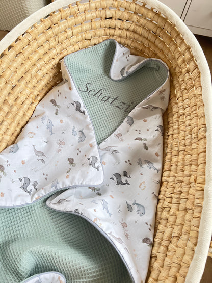 Babydecke "Meerestiere+Waffelpique hellgrün/mint" (einen Namen sticken ist gratis!)