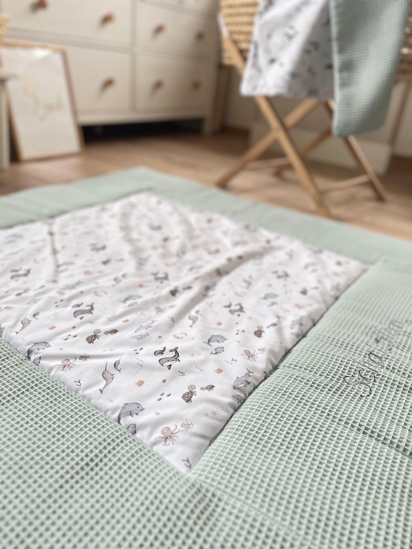 Krabbeldecke „Meerestiere+Waffelpique hellgrün/mint"
